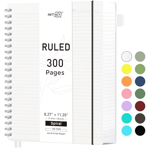 RETTACY A4 Notizblock, Notizbuch, Spiralgebundene Notizbücher, 300 Blatt/150 Seiten Zum Schreiben, 100 G/m² College-liniertes Papier, PVC-Hardcover, 21,5 x 27,9cm – Transparent von RETTACY