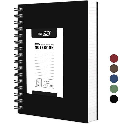 RETTACY A5 Notizblock, Notizbuch, Spiralgebundene Notizbücher, 300 Blatt/150 Seiten Zum Schreiben, 100 G/m² College-liniertes Papier, PVC-Hardcover, 14,5 X 21 Cm - Schwarz von RETTACY