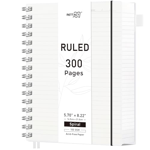 RETTACY A5 Notizblock, Notizbuch, Spiralgebundene Notizbücher, 300 Blatt/150 Seiten Zum Schreiben, 100 G/m² College-liniertes Papier, PVC-Hardcover, 14,5 X 21 Cm – Transparent von RETTACY