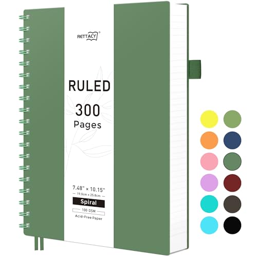 RETTACY B5 Notizblock, Notizbuch, Spiralgebundene Notizbücher, 300 Blatt/150 Seiten Zum Schreiben, 100 G/m² College-liniertes Papier, PVC-Hardcover, 19 x 25 cm -Dunkelgrün von RETTACY