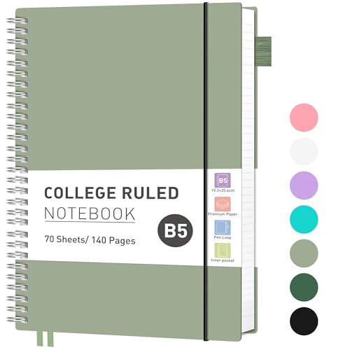 RETTACY Notizbuch B5 Liniert, Leichtgewicht Ringbuch, Tagebuch 140 Blatt / 70 Seiten Zum Schreiben, Notepad 100 GSM, College-liniertes PVC Journal 19.3x 25.4cm - Grün von RETTACY