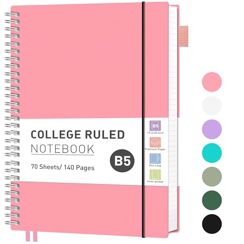 RETTACY Notizbuch B5 Liniert, Leichtgewicht Ringbuch, Tagebuch 70 Blatt / 140 Seiten Zum Schreiben, Notepad 100 GSM, College-liniertes PVC Journal 19.3x 25.4cm - Rosa von RETTACY