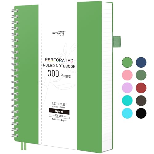 RETTACY A4 Linien Spiral Notizbuch, Spiralgebundene Notizbücher, 300 perforierte Seiten/150 abreißbare Blätter, 100 g/m² Papier mit, farbenfroh, DIY-Funktion, 21,5 x 27,9 cm - -Grün von RETTACY