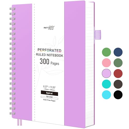 RETTACY A4 Linien Spiral Notizbuch, Spiralgebundene Notizbücher, 300 perforierte Seiten/150 abreißbare Blätter, 100 g/m² Papier mit, farbenfroh, DIY-Funktion, 21,5 x 27,9 cm - -Lila von RETTACY