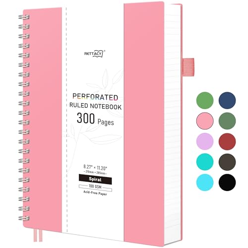 RETTACY A4 Linien Spiral Notizbuch, Spiralgebundene Notizbücher, 300 perforierte Seiten/150 abreißbare Blätter, 100 g/m² Papier mit, farbenfroh, DIY-Funktion, 21,5 x 27,9 cm - Rosa von RETTACY