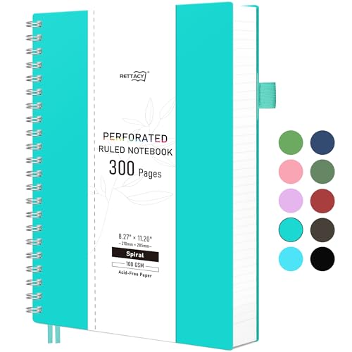 RETTACY A4 Linien Spiral Notizbuch, Spiralgebundene Notizbücher, 300 perforierte Seiten/150 abreißbare Blätter, 100 g/m² Papier mit, farbenfroh, DIY-Funktion, 21,5 x 27,9 cm - Tiffany-Blau von RETTACY