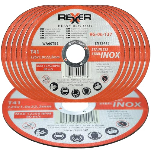 REXXER | Metalltrennscheibe | Korundscheibe | Für PVC und Kunststoffe | Zum Trennen von dickem und dünnem Material | Präzise | Verstärkt | Verschleißfest (TRENNSCHEIBE INOX 125 X 1,0 MM 25 STÜCK) von REXXER HEAVY duty tools