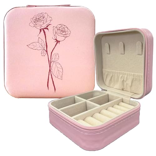 REYISO Personalisierte Leder-Schmuckschatulle mit Namen und Geburtsblume – individueller Schmuck-Organizer für Frauen, Reiseetui für Mutter, Geburtstagsgeschenk (Rosa) von REYISO