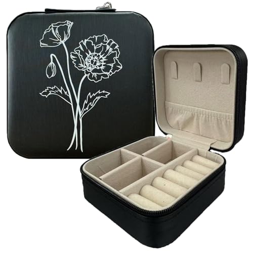 REYISO Personalisierte Leder-Schmuckschatulle mit Namen und Geburtsblume – individueller Schmuck-Organizer für Frauen, Reiseetui für Mutter, Geburtstagsgeschenk (schwarz) von REYISO