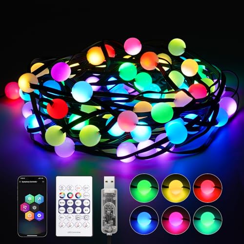 REYLAX Smart USB LED Kugel Lichterkette, 10M 66 LED RGB Lichterkette mit Fernbedienung IP65 Wasserdicht, Farbwechsel Lichterkette APP Sync Musik für Innen Garten Hochzeit Balkon Weihnachtsbaum von REYLAX