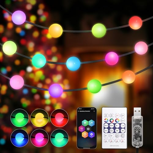 REYLAX Smart USB LED Kugel Lichterkette, 15M 99 LED RGB Lichterkette mit Fernbedienung IP65 Wasserdicht, Farbwechsel Lichterkette APP Sync Musik für Innen Garten Hochzeit Balkon Weihnachtsbaum von REYLAX