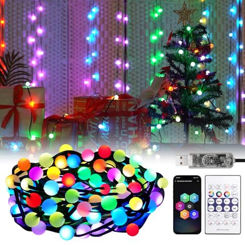 REYLAX Smart USB LED Kugel Lichterkette, 20M 132 LED RGB Lichterkette mit Fernbedienung IP65 Wasserdicht, Farbwechsel Lichterkette APP Sync Musik für Innen Garten Hochzeit Balkon Weihnachtsbaum von REYLAX