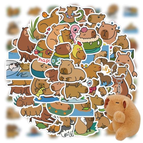 100 Stück Capybara Aufkleber und Capybara Plüsch-Schlüsselanhänger, Vinyl Capybar Wasserdicht Sticker, Kawaii Wasserdicht Tier Stickers, Dekor Graffiti für DIY Laptop Gepäck Kühlschrank von REYOK