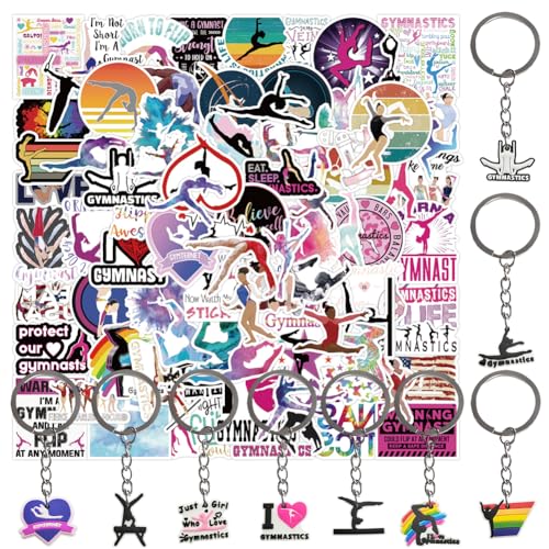 100 Stück Gymnastik Aufkleber und 9Pcs Gym Schlüsselanhänger Pack, Vinyl Sport Sticker Set, Wasserdichte Ästhetische Turner Sticker, Gymnastics Stickers Vinyl Aufkleber für Laptop Kinder von REYOK