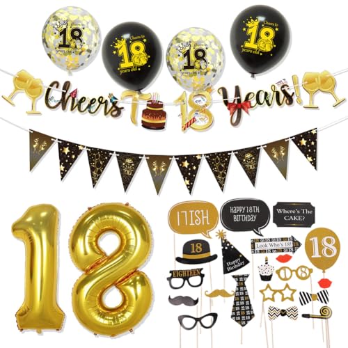 18 Geburtstag Deko 18 Party Supplies Foto Requisiten Schwarz Gold Luftballons 18 Happy Birthday Banner Geburtstag Party Dekoration für Jungen Mädchen von REYOK