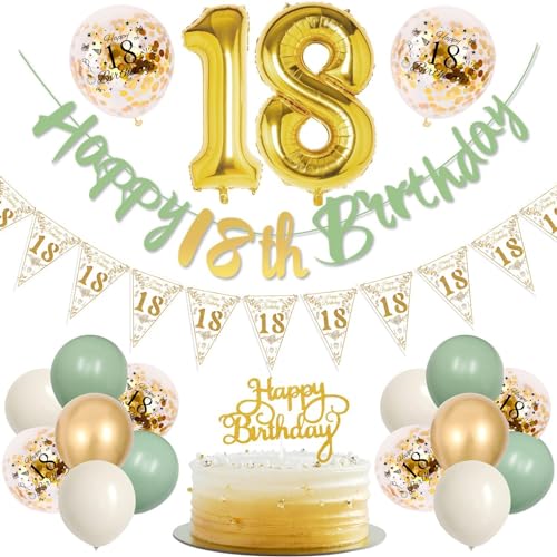 18.Geburtstag Luftballons Gold Grün, Mädchen 18 Geburtstag Deko mit Happy 18th Birthday Banner und 18 Jahre Dekorationen Cupcake Topper, Nummer 18 Ballon für Damen Frauen 18. Geburtstag Dress Up von REYOK