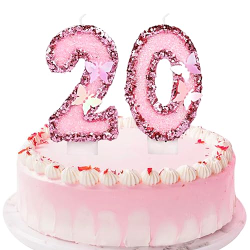 20.Geburtstag Nummer Kerzen, Rosa Schmetterlings-Geburtstagskerzen, Pailletten Kuchendeko Glitter Schmetterling Kerzen, Manuell Geburtstagskerzen für Jahrestag Feier Supplies(20) von REYOK