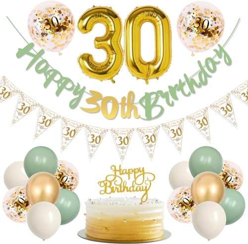 30.Geburtstag Luftballons Gold Grün, Mädchen 30 Geburtstag Deko mit Happy 30th Birthday Banner und 30 Jahre Dekorationen Cupcake Topper, Nummer 30 Ballon für Damen Frauen 30. Geburtstag Dress Up von REYOK