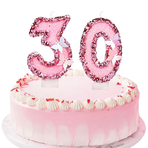 30.Geburtstag Nummer Kerzen, Rosa Schmetterlings-Geburtstagskerzen, Pailletten Kuchendeko Glitter Schmetterling Kerzen, Manuell Geburtstagskerzen für Jahrestag Feier Supplies(30) von REYOK