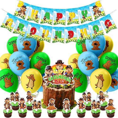 32 Stück Groundhog Party Dekoration,Happy Gophers Day Partydeko Luftballons,Murmelschwein Thema Party Deko Banner Kuchendeko Cupcake Topper Tortendekoration Partyzubehör für Jungen und Mädchen Kinder von REYOK