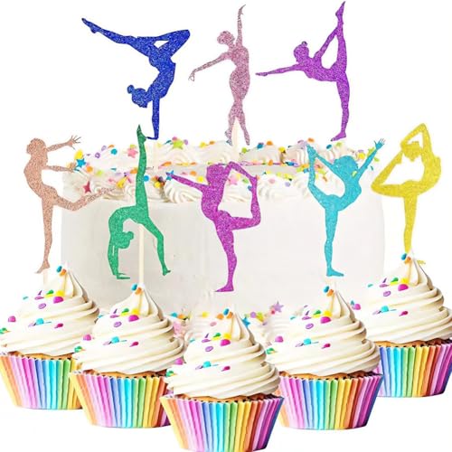 32 Stück Gymnastik Happy Birthday Kuchen Dekorationen Glitzer Gymnastik Cupcake Topper Gymnastik Silhouette Party Cupcake Topper Bunte Gymnastik Thema Geburtstag Party Zubehör für Mädchen Frauen von REYOK