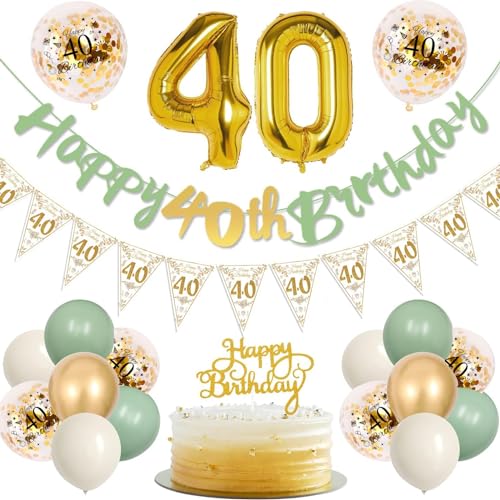 40.Geburtstag Luftballons Gold Grün, Frauen 40 Geburtstag Deko mit Happy 40th Birthday Banner und 40 Jahre Dekorationen Cupcake Topper, Nummer 40 Ballon für Damen 40. Geburtstag Dress Up Party von REYOK