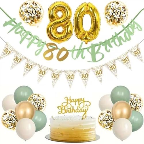 80.Geburtstag Luftballons Gold Grün, Damen 80 Geburtstag Deko mit Happy 80th Birthday Banner und 80 Jahre Dekorationen Cupcake Topper, Nummer 80 Ballon für Mädchen Frauen 80. Geburtstag Dress Up von REYOK