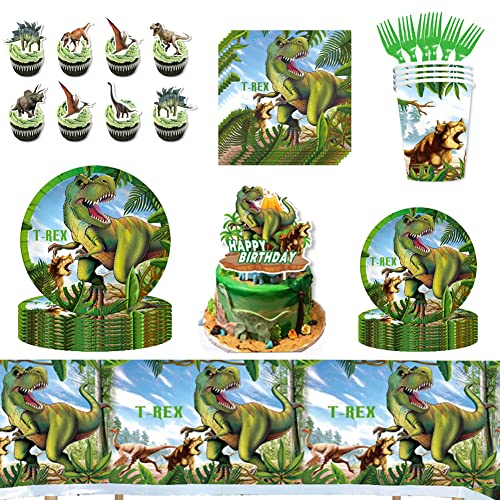 86PCS Dinosaurier Partygeschirr für 10 Gäste,Dino Welt Party Kindergeburtstag mit Teller, Servietten, Pappbecher, Dino Geschirr Set Pappteller Tiere Dschungel Thema Party Geschirr Tischdecke Kinder von REYOK