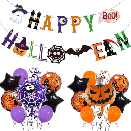 Halloween-Party-Dekoration, 21-teiliges Halloween-Ballon-Set, Happy Halloween-Banner, Latex-Luftballons, Partyzubehör, orange/lila, Kürbisspinne, Folienballons für Halloween-Party von REYOK