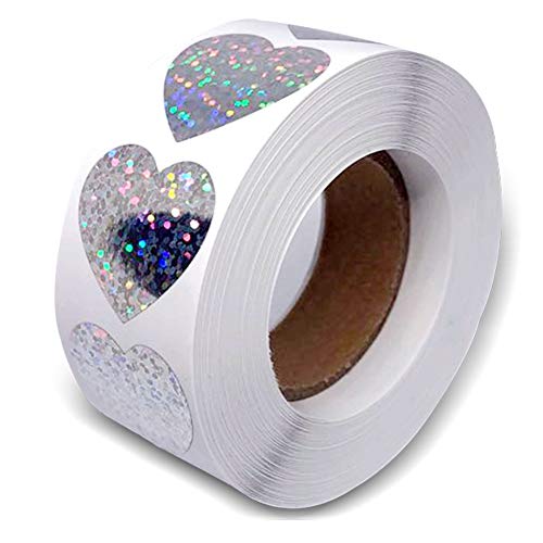 Silber Sparkle Herz Aufkleber, Valentinstag Liebe Glitterfolie Metallic Heart Aufkleber Stickers Glänzende holographische Etiketten Selbstklebende Scrapbooking Party Favours (500 Stück/Rolle) von REYOK