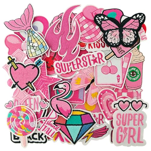 RF-patch 45 Stück rosa Aufnäher zum Aufbügeln, bestickte rosa Applikationen, Mädchen-Patches für Kleidung, Hüte, Jeans, Kleid, Rucksäcke usw von RF-patch