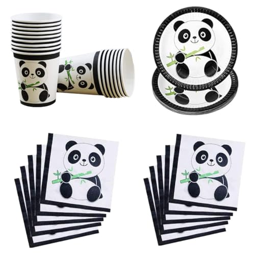 Schwarz-weißes Panda-Partyzubehör, inklusive 20 Panda-Teller, 20 Tassen und 20 Papierservietten, Einweggeschirr-Set für Kinder, Babyparty, Geburtstagsdekoration, für 20 Gäste von RFAPTDM