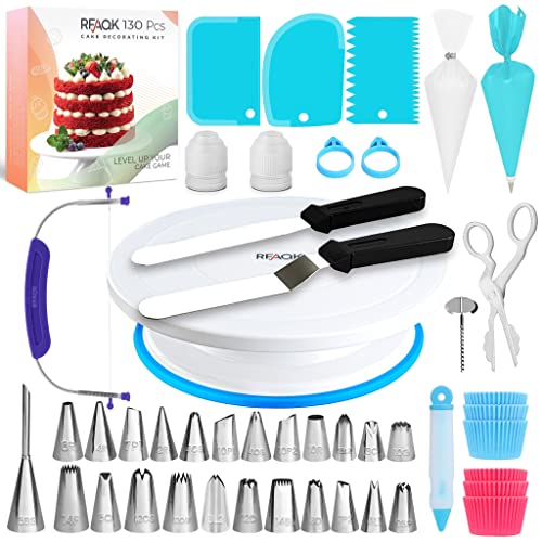 RFAQK 130 PCs Torten Zubehör Set mit Tortenplatte Drehbar Backset- Backzubehör Für Torten Set 50 Spritzbeutel mit Tüllen ,24 Spritztüllen, 2 Tortenspachtel-3 Kuchenschaber - Drehteller Torte & E Buch von RFAQK