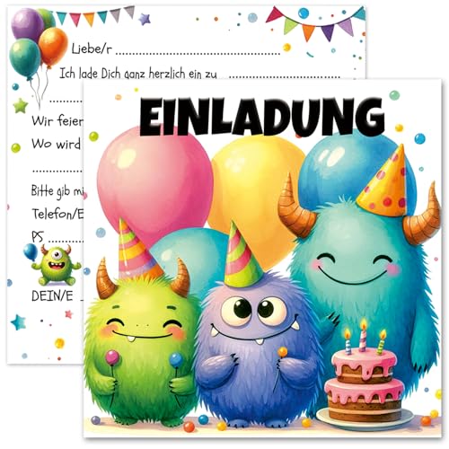 RFBEUTEL 12x Einladungskarten Junge Monster Einladung Kindergeburtstag 15 x 15 cm Geburtstagseinladungen Jungen von RFBEUTEL