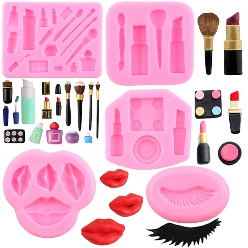 RFGHAC 5 Stück Makeup Tools Silikonformen Valentinstag Fondant Formen Lippen Wimpern Lippenstift Pinsel Form für Süßigkeiten Schokolade Kuchen Dekorieren Cupcake Topper Gummi Paste Polymer Clay von RFGHAC