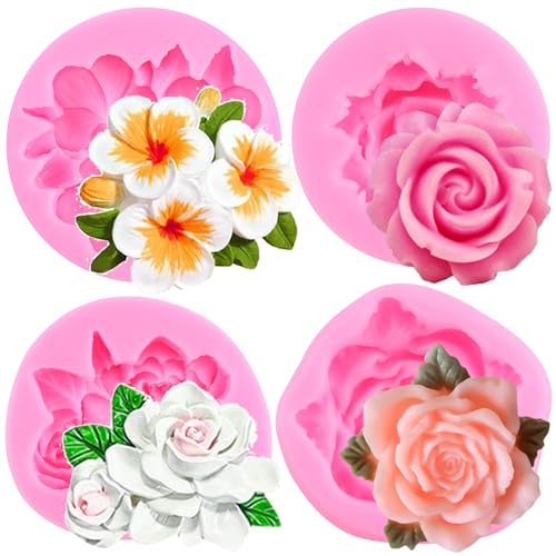 RFGHAC Blume Silikonformen Hibiskus Plumeria Rose Blume Fondant Silikonformen für Kuchen Dekorieren Cupcake Topper Polymer Ton Süßigkeiten Zucker Handwerk Schokolade Gummi Paste 4 Stück, ZB186CK von RFGHAC