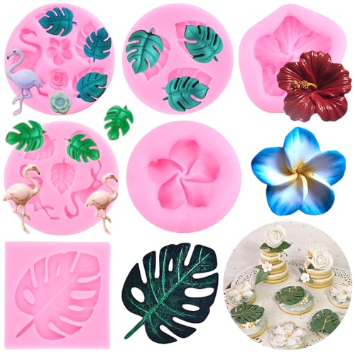 RFGHAC Flamingo Tropische Blatt Silikonformen Plumeria Hibiskus Blume Fondant Formen Palmblätter Schokoladenform für Süßigkeiten Kuchen Dekorieren Cupcake Topper Gummipaste Polymer Clay 6 Stück von RFGHAC