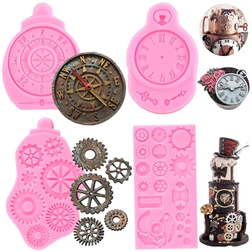 RFGHAC Steampunk Gear Fondant Formen Kompass Silikonform Uhr Süßigkeitenform Zahnräder Zahnräder Schokoladenform für Zucker Cupcake Topper Kuchen Dekorieren Gummipaste Polymer Clay 4 Stück von RFGHAC