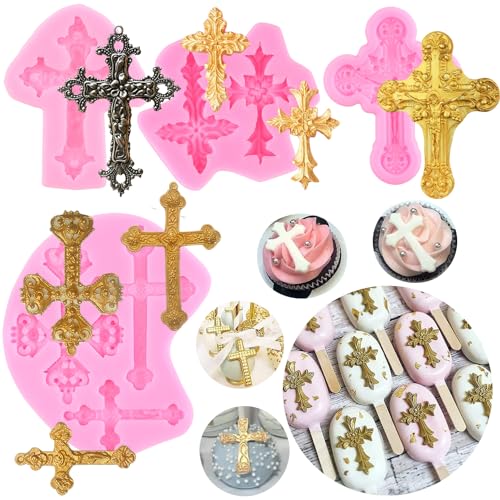 RFGHAC Taufe Kuchen Dekorationen Kreuz Kuchenform Kreuz Silikon Fondant Formen für Taufe Kuchen Dekorieren Cupcake Topper Süßigkeiten Schokolade Gummipaste Polymer Clay 4 Stück von RFGHAC