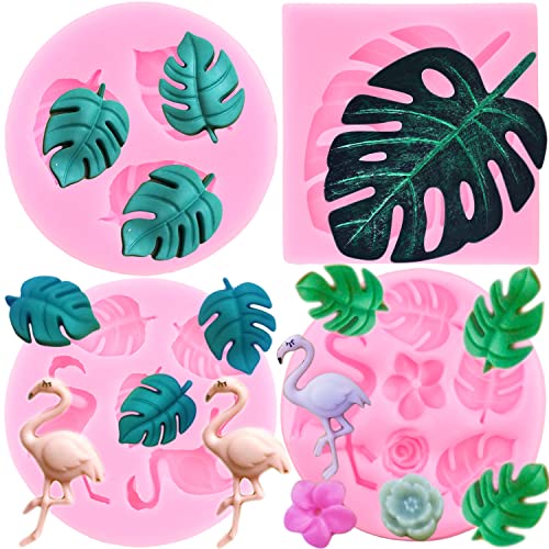 RFGHAC Tropische Blatt Silikonformen Flamingo Fondant Form Monstera Blätter Süßigkeiten Form für Kuchen Dekorieren Cupcake Topper Candy Polymer Clay Schokolade Gummipaste 4 Stück, ZB221CK von RFGHAC