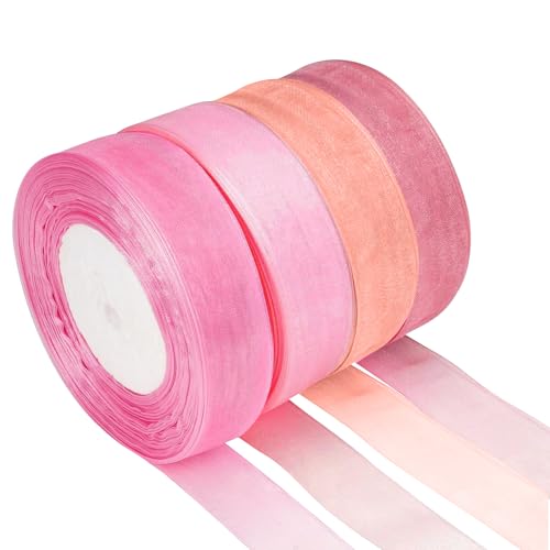 4 Rollen Geschenkband Rosa, 25mm x 45m Organzaband Satinband Schleifenband Hochzeit Seidenband Chiffonband Schmal Organza Dekoband Tüllband Ribbon Bänder zum Basteln für Geschenkverpackung von RFYTDCF