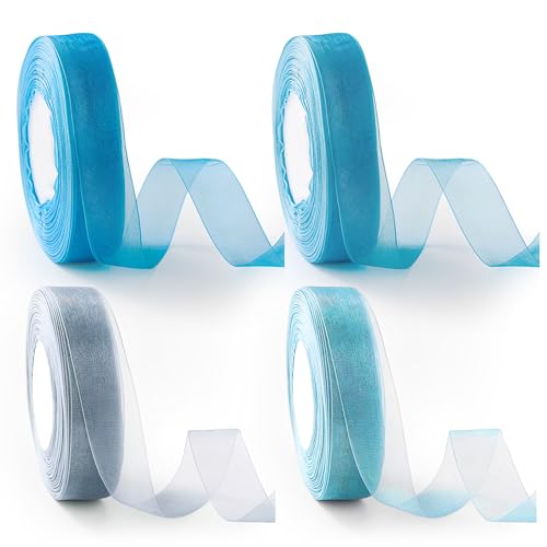 4 Rollen Organzaband, 45 m x 25 mm Geschenkband Blau Schleifenband Hochzeit Durchscheinende Chiffonband Schmal Organza Dekoband Bänder Tüllband für Basteln Geburtstag Dekoration von RFYTDCF