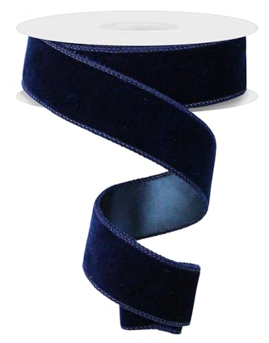 Doppelseitiges Samtband aus Samt und Satin, doppelseitig, mit Draht, für Weihnachten und den täglichen Gebrauch, Kränze, Schleifen und Dekorationen, Marineblau, 3,8 cm x 30,3 m von RG Ribbon