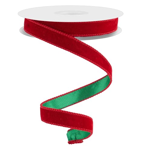 Doppelseitiges Samtband aus Samt und Satin, doppelseitig, mit Draht, für Weihnachten und den täglichen Gebrauch, Kränze, Schleifen und Dekorationen (Rot, Grün, 2,2 cm x 9,1 m) von RG Ribbon