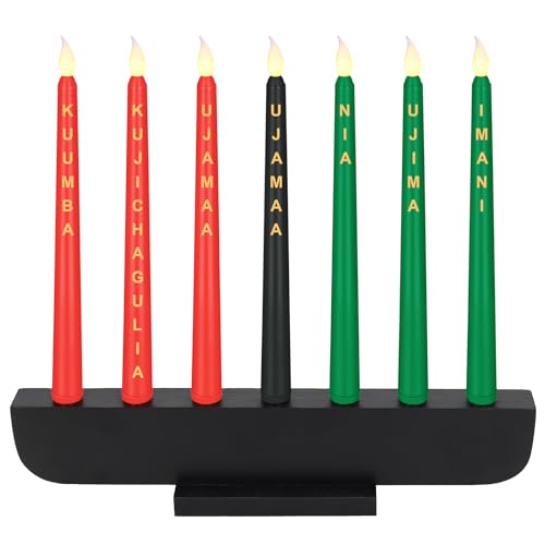 Das Kwanzaa Kinara-Set beinhaltet 7 flammenlose Spitzkerzen und 1 Kinara-Kerzenhalter, Kwanzaaa-Kerzen-Set mit Worten und Holz-Kerzenständer für traditionelles afrikanisches Haus, von RGQSUN