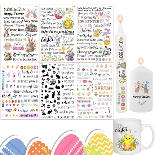 6 Stück Kerzentattoo Wassertransferdruck,Kerzensticker Kerzenfolie,Ostern Kerzentattoos,Kerzenfolie Frühling, Kerzentattoo Frohe Ostern für Kerze Tasse DIY Geschenk von RHHGOPM