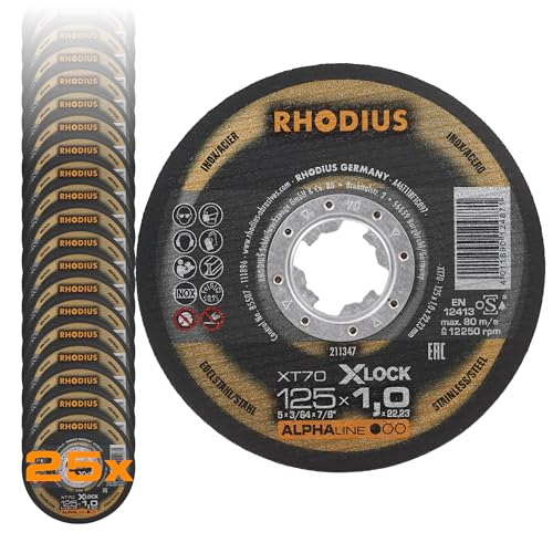 RHODIUS XT70 X-LOCK | 25 Stück Ø 125 mm x 1,0 mm | Trennscheibe Metall | Extra dünn | Made in Germany | für Winkelschleifer, Edelstahl, INOX, Stahl, Eisen, Hartmetall von RHODIUS