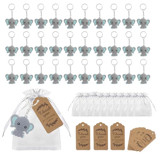 RHQFDM 30 Stücke Gastgeschenke Taufe Elefanten Schlüsselanhänger PVC Elefanten Anhänger Set Blauer Elefant Kinder Schlüsselanhänger mit Organza Beutel und Dankesanhänger aus Kraftpapier von RHQFDM