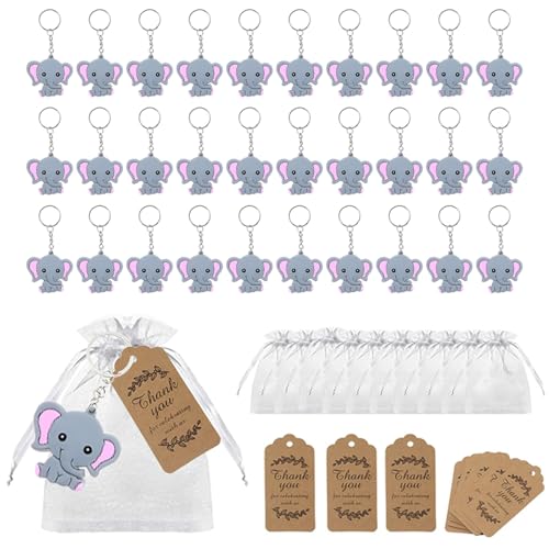 RHQFDM 30 Stücke Gastgeschenke Taufe Elefanten Schlüsselanhänger PVC Elefanten Anhänger Set Rosa Elefant Kinder Schlüsselanhänger mit Organza Beutel und Dankesanhänger aus Kraftpapier von RHQFDM