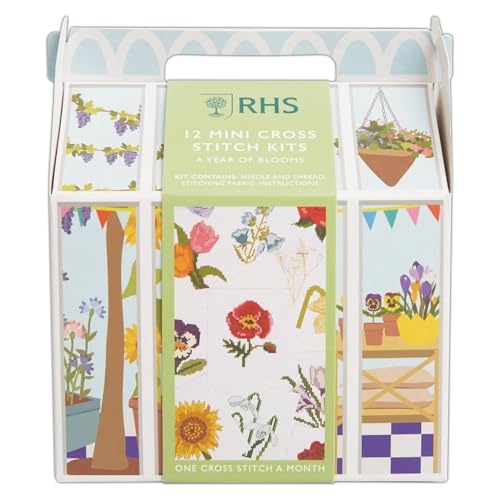 RHS Royal Horticultural Society Mini-Kreuzstich-Kits, 12 Monate Kreuzstich, Stickgarne Bastelsets, Kunst, Bastelzubehör, Erwachsene Bastelset, Anfänger Handwerk, gezählte Stickmuster von RHS